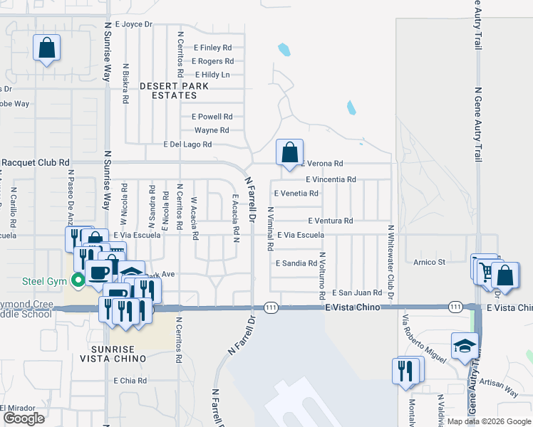 map of restaurants, bars, coffee shops, grocery stores, and more near 2207 North Viminal Road in Palm Springs