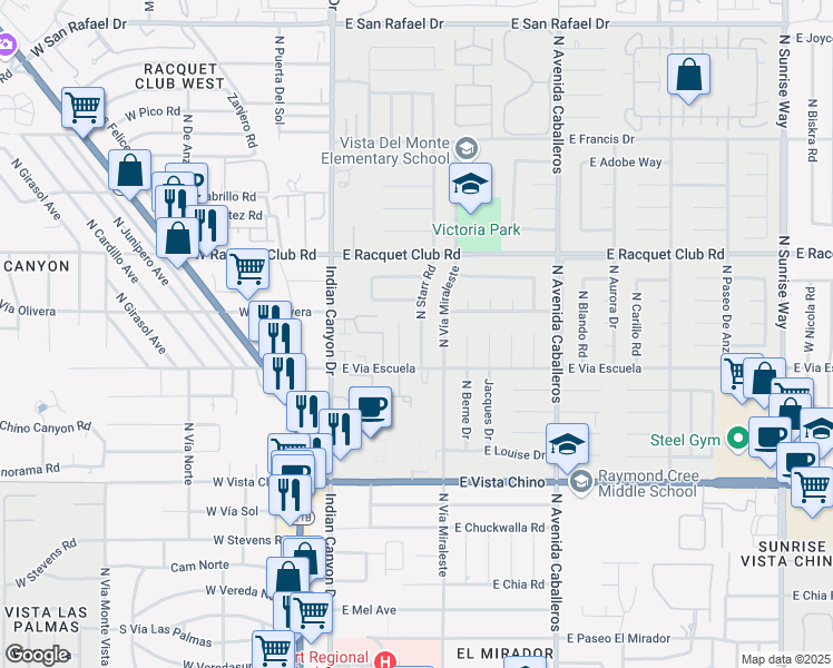 map of restaurants, bars, coffee shops, grocery stores, and more near 2211 North Starr Road in Palm Springs