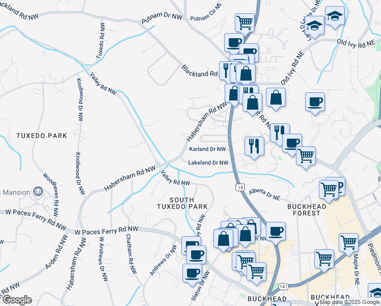 map of restaurants, bars, coffee shops, grocery stores, and more near 114 Karland Drive Northwest in Atlanta