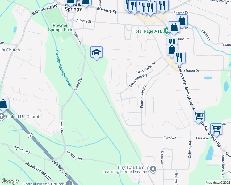 map of restaurants, bars, coffee shops, grocery stores, and more near 4182 Misty Morn Way in Powder Springs