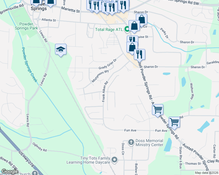 map of restaurants, bars, coffee shops, grocery stores, and more near 4302 Akins Ridge Court in Powder Springs