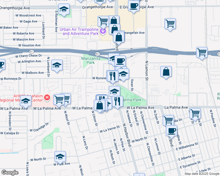 map of restaurants, bars, coffee shops, grocery stores, and more near 527 West Victor Avenue in Anaheim