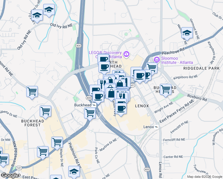 map of restaurants, bars, coffee shops, grocery stores, and more near 3393 Peachtree Street Northeast in Atlanta