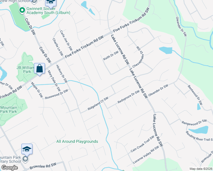 map of restaurants, bars, coffee shops, grocery stores, and more near 4621 Ridgeland Drive Southwest in Lilburn