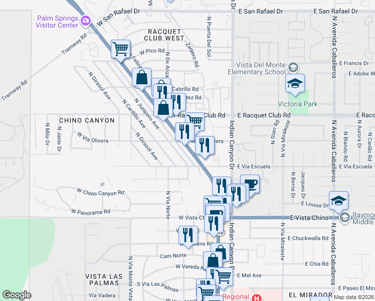 map of restaurants, bars, coffee shops, grocery stores, and more near 2121a North Junipero Avenue in Palm Springs