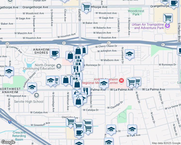 map of restaurants, bars, coffee shops, grocery stores, and more near 1635 West Cutter Road in Anaheim