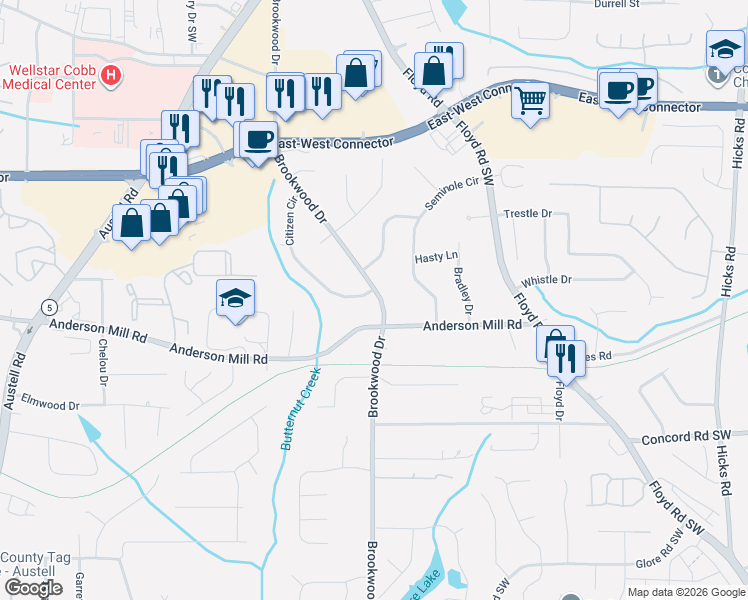 map of restaurants, bars, coffee shops, grocery stores, and more near 1340 Anderson Mill Road in Austell