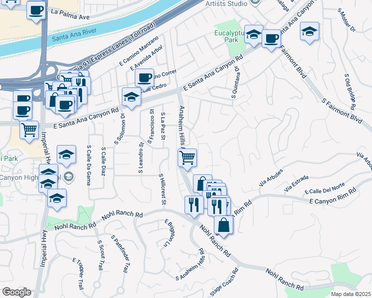 map of restaurants, bars, coffee shops, grocery stores, and more near 397 South San Vicente Lane in Anaheim