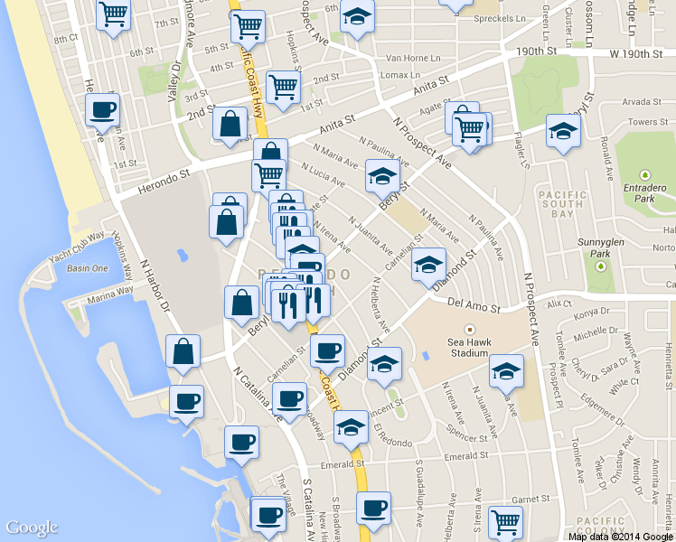 map of restaurants, bars, coffee shops, grocery stores, and more near 620 North Guadalupe Avenue in Redondo Beach