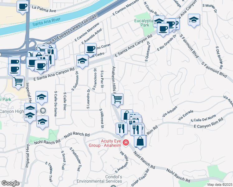 map of restaurants, bars, coffee shops, grocery stores, and more near 397 South San Vicente Lane in Anaheim