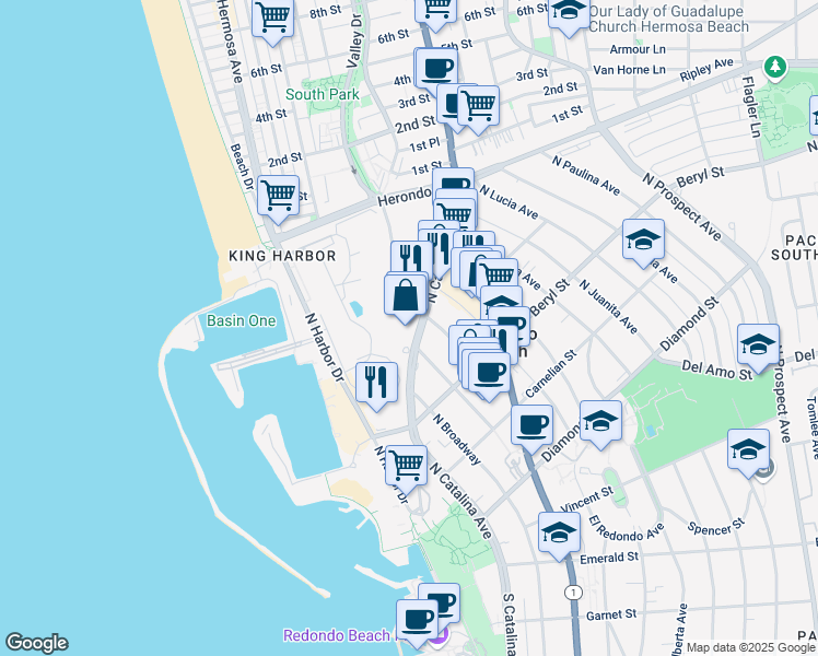 map of restaurants, bars, coffee shops, grocery stores, and more near 811 North Catalina Avenue in Redondo Beach