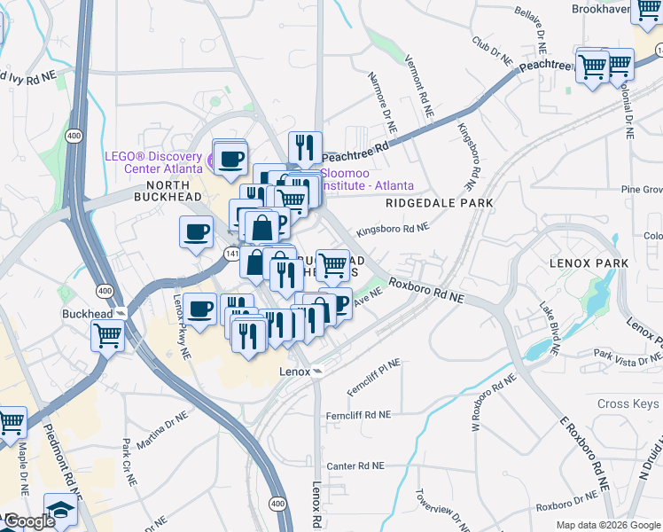 map of restaurants, bars, coffee shops, grocery stores, and more near 3443 Kingsboro Road Northeast in Atlanta