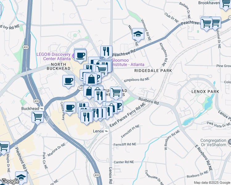 map of restaurants, bars, coffee shops, grocery stores, and more near 3443 Kingsboro Road Northeast in Atlanta