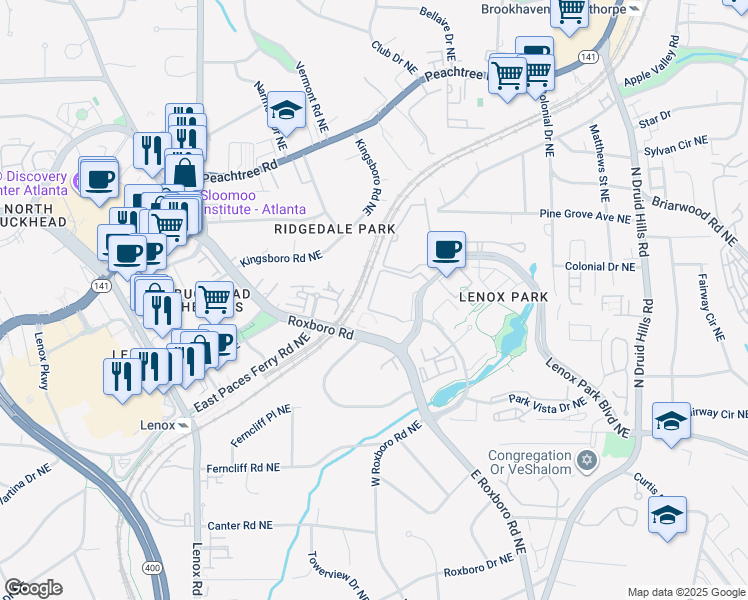 map of restaurants, bars, coffee shops, grocery stores, and more near 1020 Lenox Park Boulevard Northeast in Atlanta
