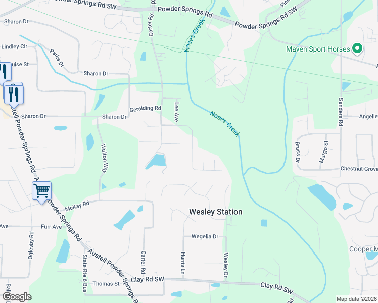 map of restaurants, bars, coffee shops, grocery stores, and more near 3391 Lynne Rd in Powder Springs