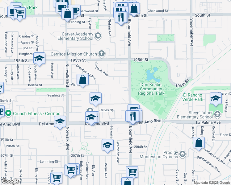 map of restaurants, bars, coffee shops, grocery stores, and more near 19905 Meadows Court in Cerritos