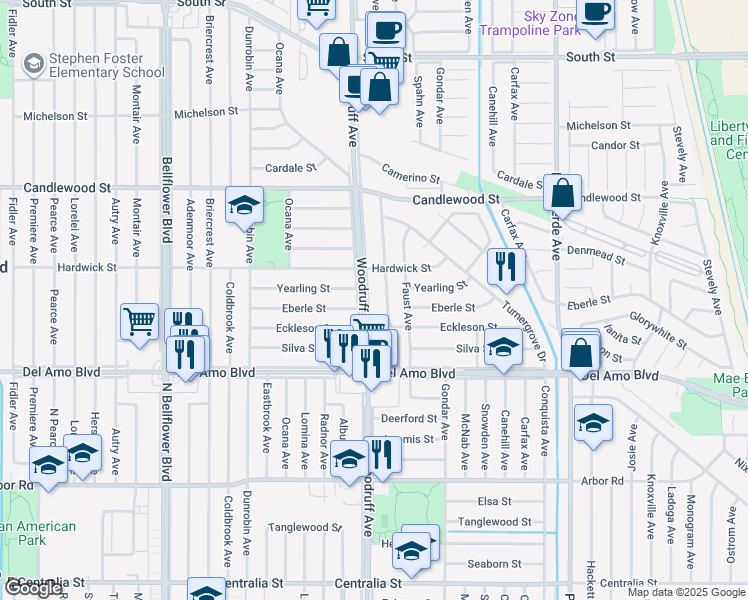 map of restaurants, bars, coffee shops, grocery stores, and more near 5006 Woodruff Avenue in Lakewood