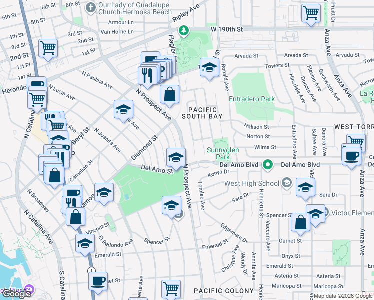 map of restaurants, bars, coffee shops, grocery stores, and more near 416 North Prospect Avenue in Redondo Beach
