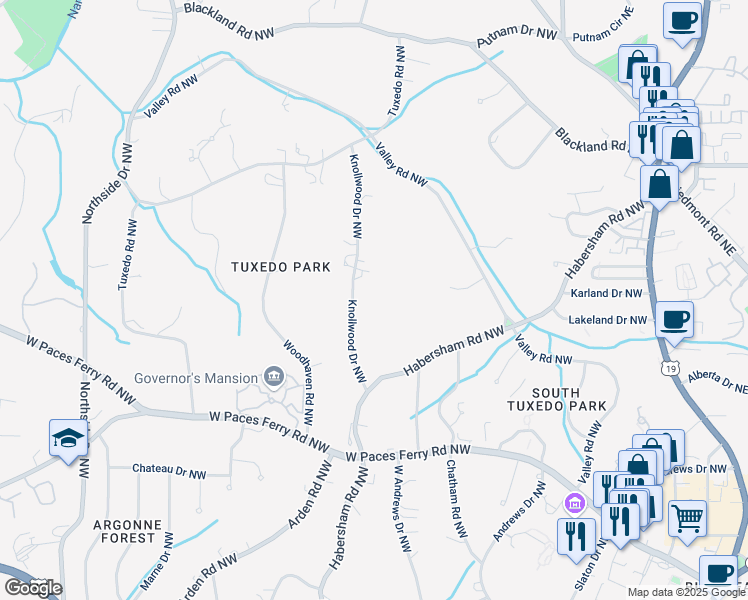 map of restaurants, bars, coffee shops, grocery stores, and more near 3439 Knollwood Drive Northwest in Atlanta