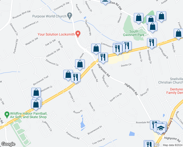 map of restaurants, bars, coffee shops, grocery stores, and more near 2165 Rosedale Road in Snellville