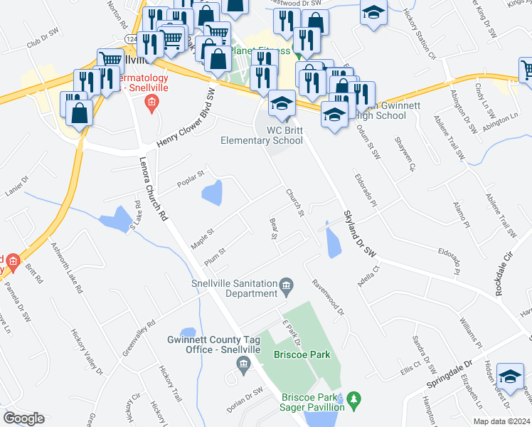 map of restaurants, bars, coffee shops, grocery stores, and more near 2525 Beal Street in Snellville