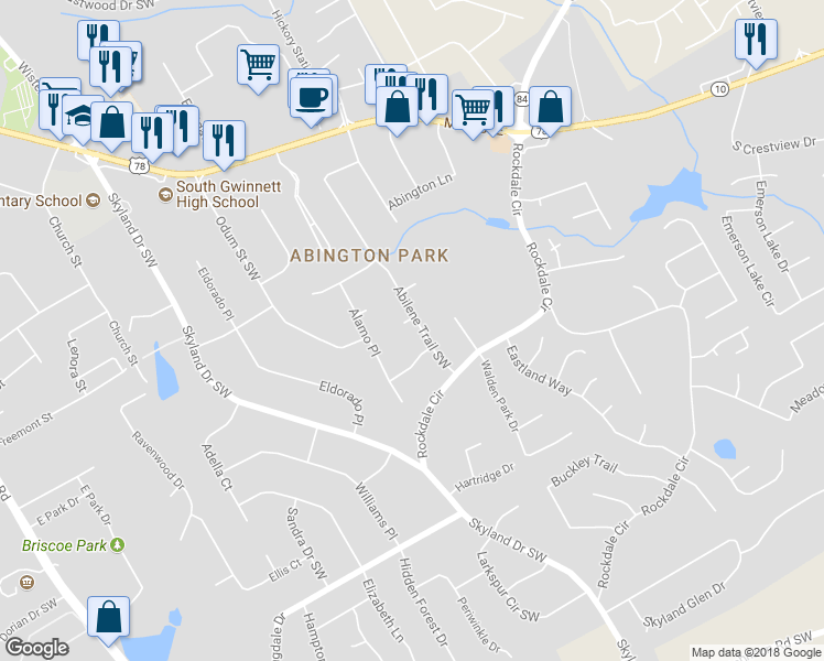 map of restaurants, bars, coffee shops, grocery stores, and more near 2134 Abilene Court in Snellville