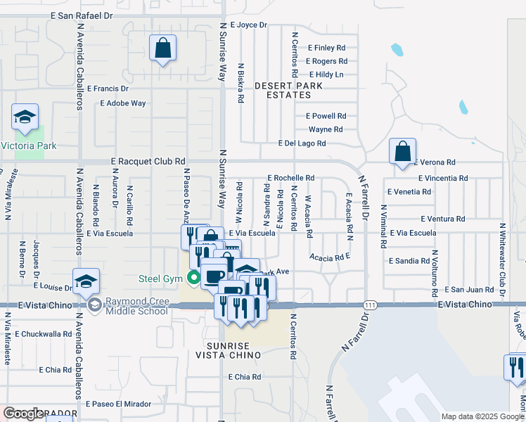 map of restaurants, bars, coffee shops, grocery stores, and more near 2175 North Sandra Road in Palm Springs