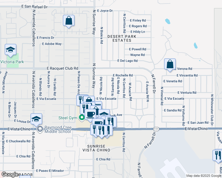 map of restaurants, bars, coffee shops, grocery stores, and more near 2175 North Sandra Road in Palm Springs