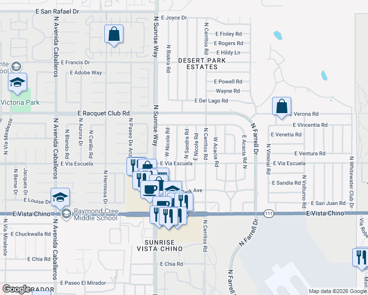 map of restaurants, bars, coffee shops, grocery stores, and more near 2175 North Sandra Road in Palm Springs