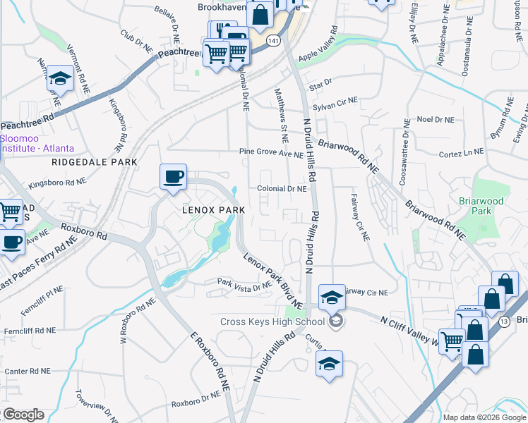 map of restaurants, bars, coffee shops, grocery stores, and more near 1204 Brookhaven Woods Court in Atlanta