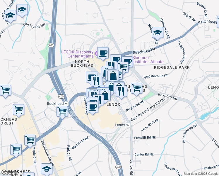 map of restaurants, bars, coffee shops, grocery stores, and more near 3560 Lenox Road Northeast in Atlanta
