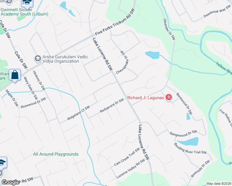 map of restaurants, bars, coffee shops, grocery stores, and more near 4525 Redspruce Drive Southwest in Lilburn