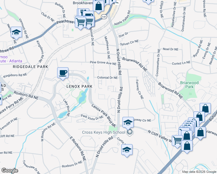 map of restaurants, bars, coffee shops, grocery stores, and more near 1264 Park Vista Drive Northeast in Atlanta