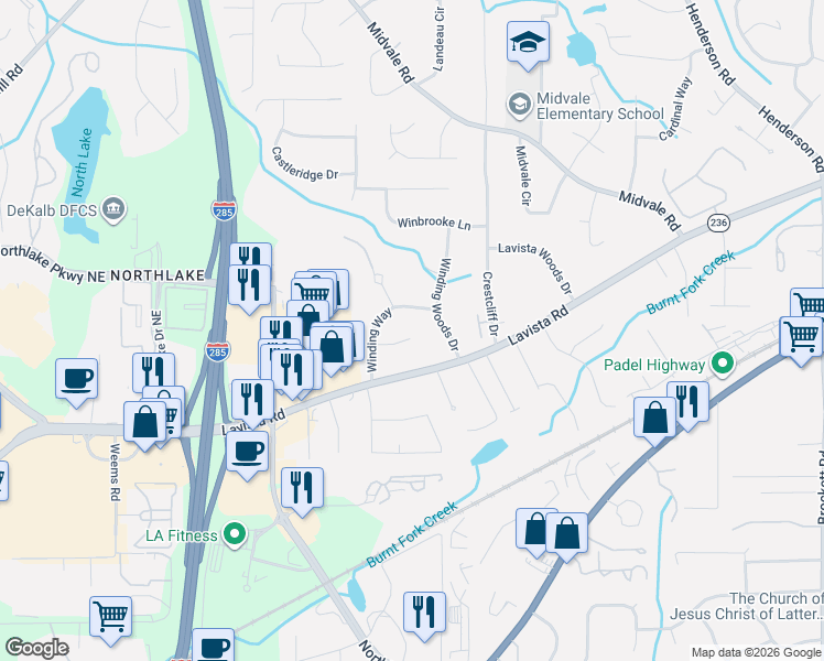 map of restaurants, bars, coffee shops, grocery stores, and more near 3646 Winview Court in Tucker