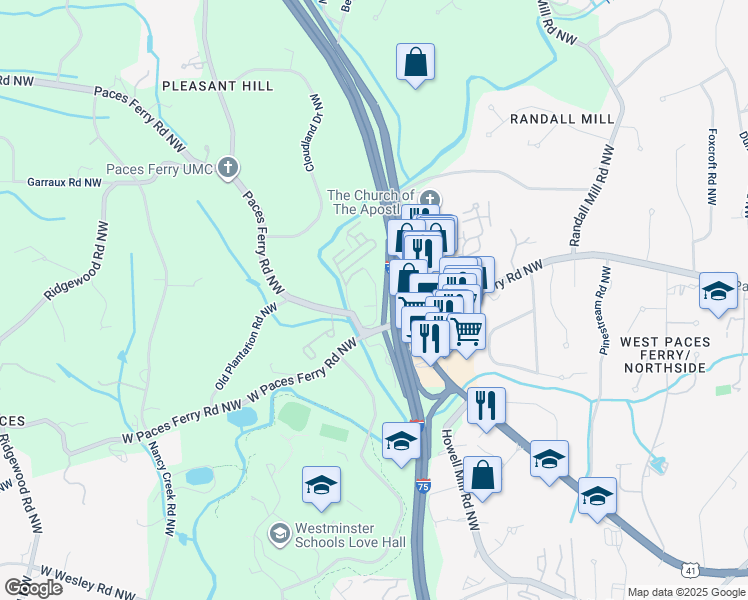 map of restaurants, bars, coffee shops, grocery stores, and more near 1401 West Paces Ferry Road Northwest in Atlanta