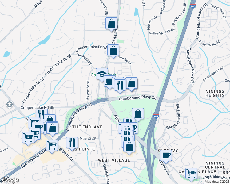 map of restaurants, bars, coffee shops, grocery stores, and more near 1675 Cumberland Parkway Southeast in Smyrna