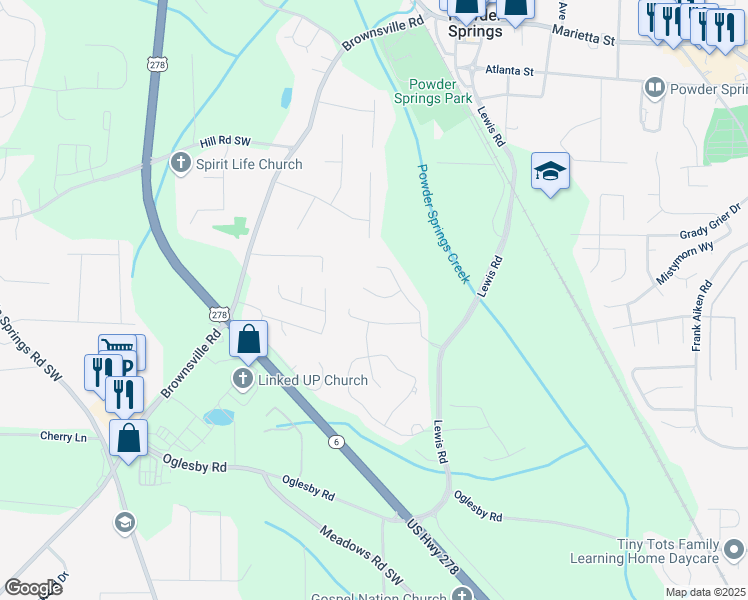 map of restaurants, bars, coffee shops, grocery stores, and more near 4607 Underwood Walk in Powder Springs