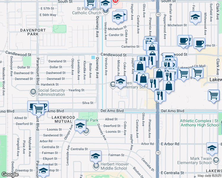 map of restaurants, bars, coffee shops, grocery stores, and more near 5019 Barlin Avenue in Lakewood