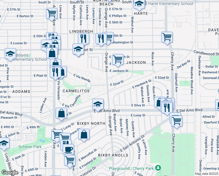 map of restaurants, bars, coffee shops, grocery stores, and more near 1200 East 52nd Street in Long Beach