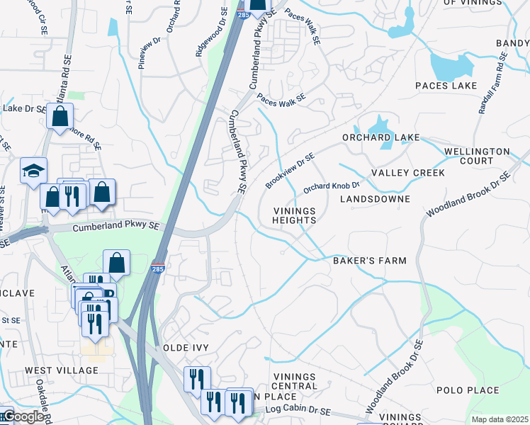 map of restaurants, bars, coffee shops, grocery stores, and more near 4261 Brookview Drive Southeast in Atlanta