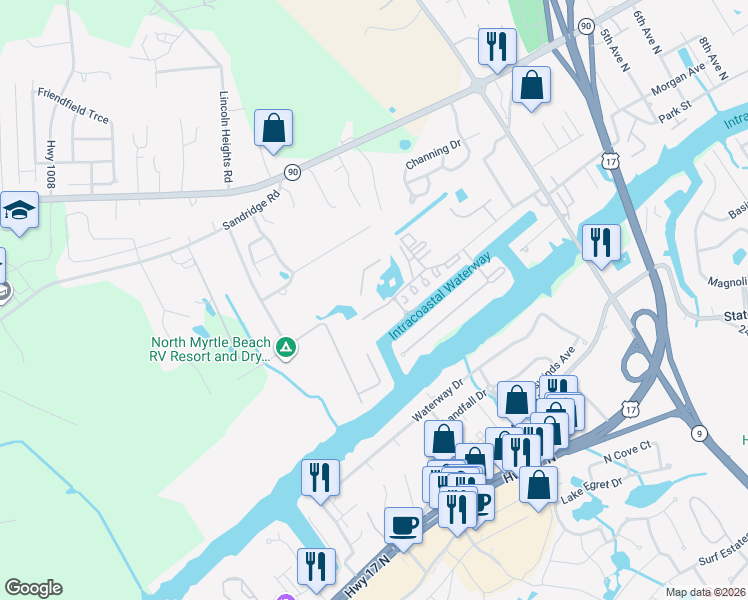 map of restaurants, bars, coffee shops, grocery stores, and more near 4518 North Plantation Harbour Drive in Little River