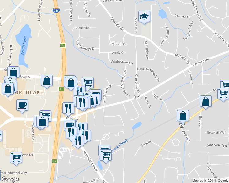 map of restaurants, bars, coffee shops, grocery stores, and more near 3646 Winview Court in Tucker