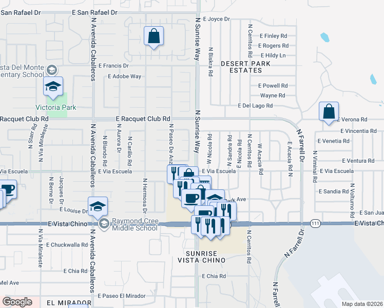 map of restaurants, bars, coffee shops, grocery stores, and more near 1631 Olga Way in Palm Springs