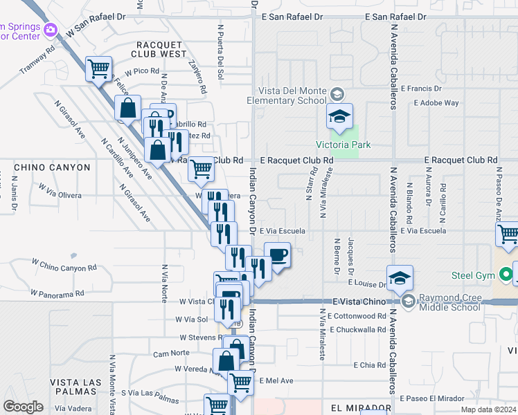 map of restaurants, bars, coffee shops, grocery stores, and more near 2146 North Indian Canyon Drive in Palm Springs