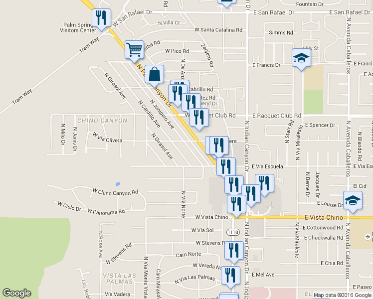 map of restaurants, bars, coffee shops, grocery stores, and more near 2122 North Girasol Avenue in Palm Springs