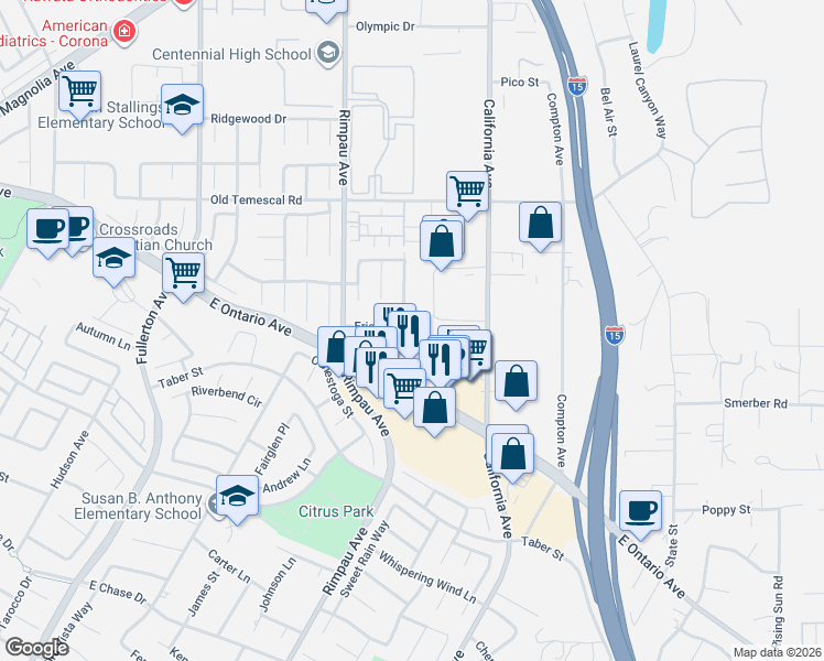 map of restaurants, bars, coffee shops, grocery stores, and more near 1295 E Ontario Ave in Corona