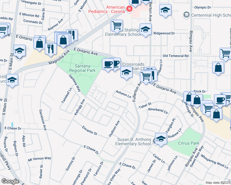 map of restaurants, bars, coffee shops, grocery stores, and more near 836 Poppyseed Lane in Corona