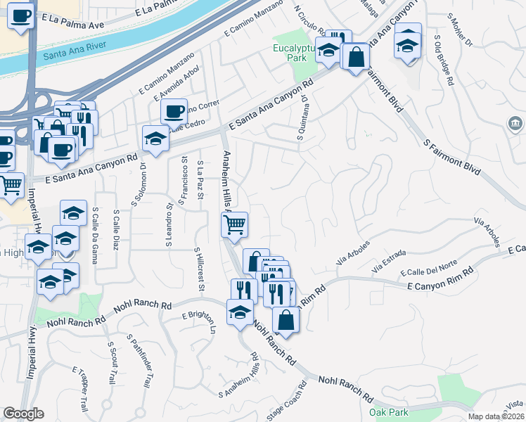 map of restaurants, bars, coffee shops, grocery stores, and more near 279 South Via Montanera in Anaheim