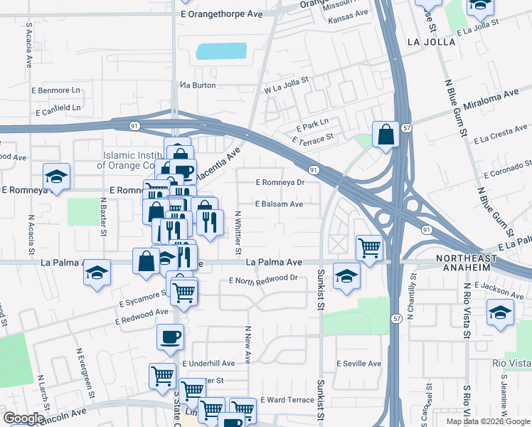 map of restaurants, bars, coffee shops, grocery stores, and more near 2269 East Sandalwood Place in Anaheim