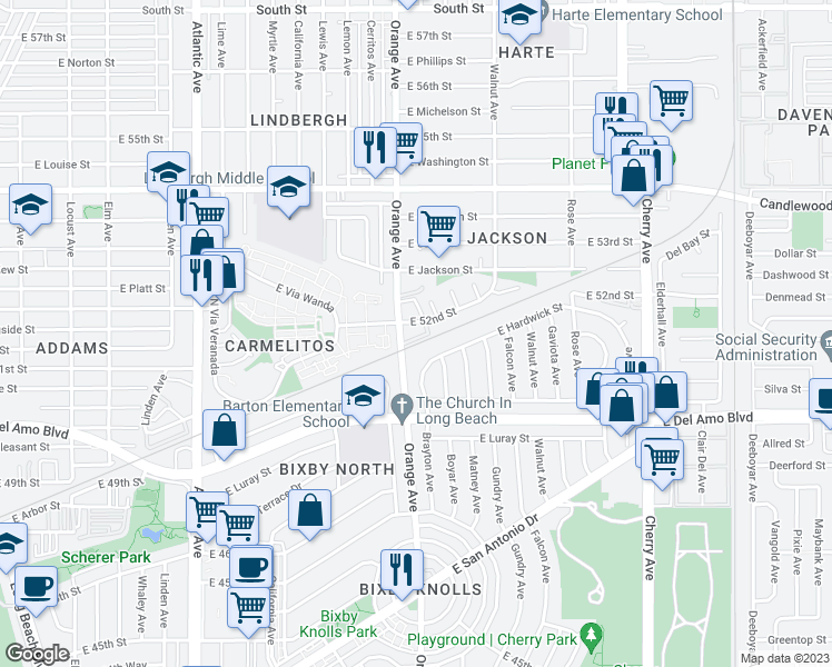 map of restaurants, bars, coffee shops, grocery stores, and more near 5053 Brayton Avenue in Long Beach